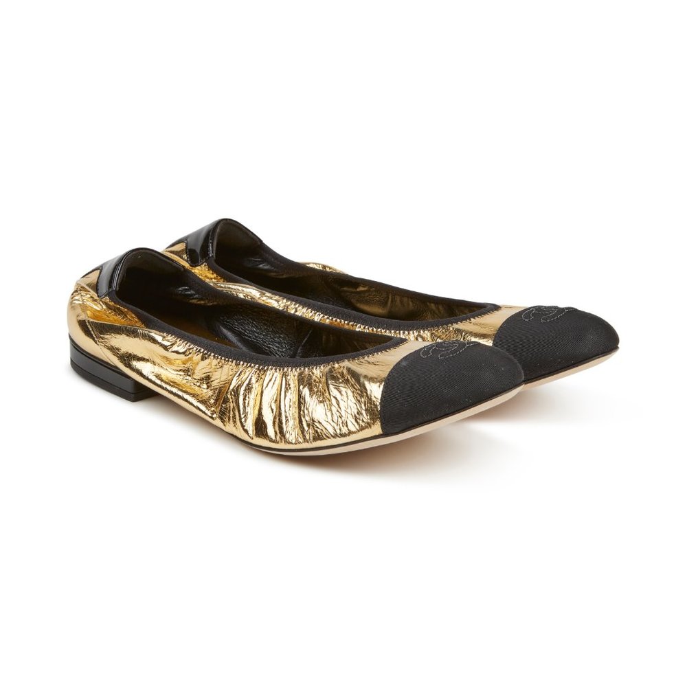 NEW IN BOX Authentic Chanel Gold & Black CC Logo Ballerina Ballet Flats 41.5 - Picture 4 of 14